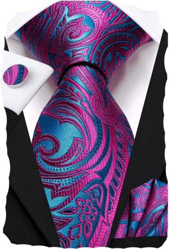 Miniatura 223 de Hi-Tie Corbatas de seda para hombre, diseño de cachemira a rayas, con bolsillo, gemelos cuadrados, conjunto formal de negocios