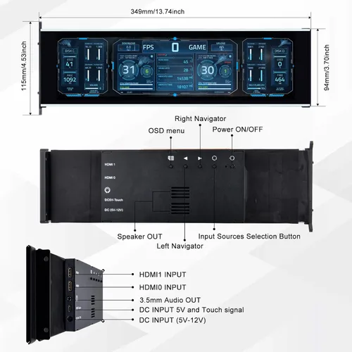 Miniatura 2 de GeeekPi monitor LCD táctil IPS de 12.6 pulgadas FHD 1920x515, pantalla de visualización, compatible con la carcasa de PC Hyte Y60, CPU, GPU, panel