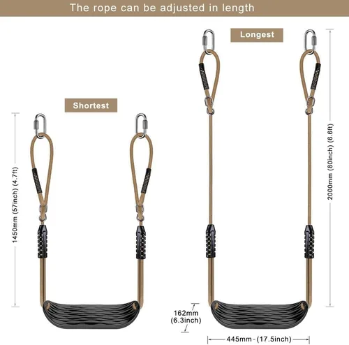 Miniatura 6 de SELEWARE Asiento de columpio de plástico, juego de columpio antideslizante para árbol con cuerda ajustable y 4 mosquetones, accesorios de juego