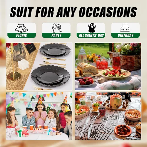 Miniatura 5 de SUT 72 platos de plástico negro PSC, platos desechables resistentes, platos llanos desechables negros, plato llano de plástico de 10.25 pulgadas