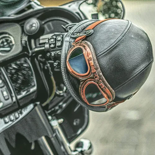 Miniatura 6 de Casco abierto de motocicleta eléctrica retro, medio casco de verano estilo alemán, casco de cuero vintage, casco de calavera de cuero vintage