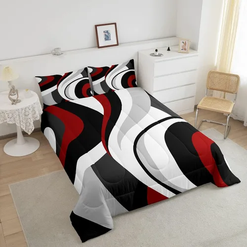 Miniatura 7 de Juego de edredón de rayas rojas y negras, juego de ropa de cama tamaño King con ondas circulares abstractas, geométrico, espiral, acolchado, 3 Multi