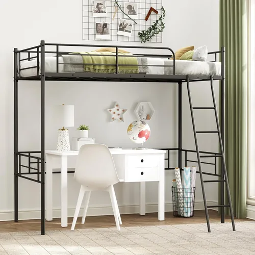 Miniatura 3 de KOMFOTT Cama tipo loft de metal tamaño individual, base de cama alta con escalera, barandilla de seguridad, litera loft que ahorra espacio