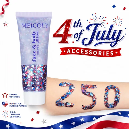 Miniatura 2 de MEICOLY Purpurina corporal roja, blanca y azul, accesorios del 4 de julio, purpurina para el cabello para niños, atuendos del 4 de julio