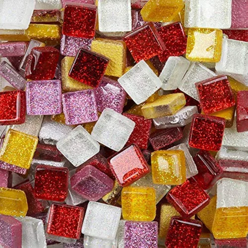 Miniatura 7 de Azulejos de vidrio de mosaico de colores mixtos, piezas de cristal brillantes, azulejos de mosaico de cristal cuadrados con purpurina a granel