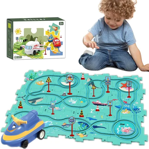 Relleno de Calcetín Navideño Juego de 25 Piezas de Rompecabezas de Pista de Autos de Carrera para Niños, Serie Oceánica Juego de Pista de Autos de