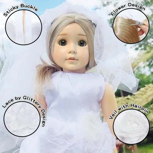 Miniatura 3 de 5 juegos de vestido de novia de muñeca de 18 pulgadas, ropa de moda y accesorios, 1 vestido de novia con velo, 4 vestidos de muñeca de satén, regalo