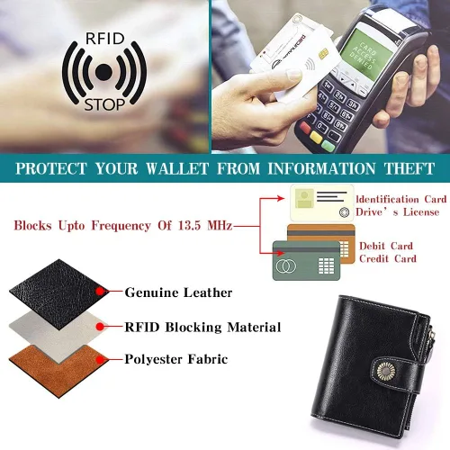 Miniatura 5 de FALAN MULE - Cartera pequeña plegable para mujer de cuero genuino, compacta, con bloqueo RFID, Negro), 5206