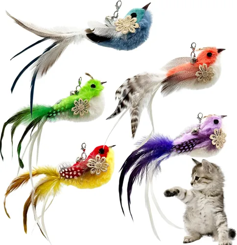 Recambio de juguetes de plumas para gatos, 5 piezas de accesorios de varita para gatos, plumas, pájaros, juguete para gatos de interior