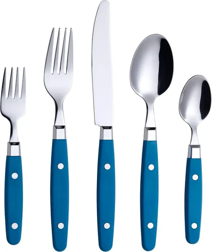 Miniatura 17 de Set de cubiertos Annova, juego retro/remachado de vajilla de acero inoxidable colorida para mesa y cocina, incluye cuchillos de cena, tenedores