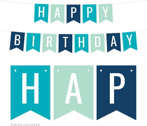 Andaz Press Banderín colgante para decoración de fiesta, aguamarina, espuma de mar, verde menta, azul marino, feliz cumpleaños, paquete de 1,