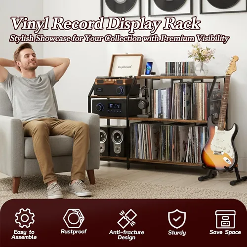 Miniatura 5 de Faesun Soporte grande para tocadiscos de 51.7 pulgadas con almacenamiento de discos de vinilo y tomas de corriente, gabinete de almacenamiento