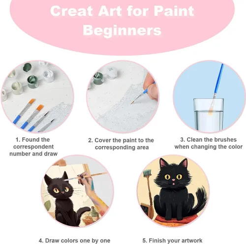 Miniatura 8 de Divertido kit de pintura por números de gato negro para adultos principiantes, paquete de 4 kits de pintura al óleo acrílica de gato negro