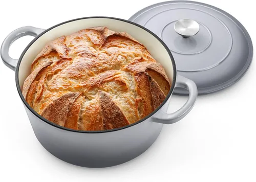 Miniatura 9 de P&P CHEF Horno holandés esmaltado de 5 cuartos de galón, olla holandesa de hierro fundido con tapa para hornear pan, olla esmaltada para asar, Caqui