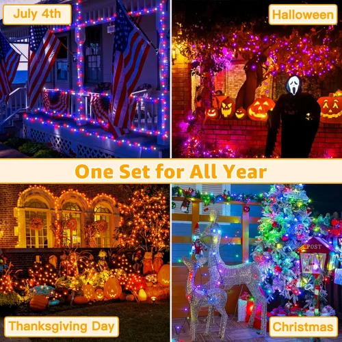Miniatura 5 de Ollny Luces RGB de Halloween, 200 luces LED de 66 pies, 130 modos que cambian de color, luces de Navidad conectables con control remoto, verde