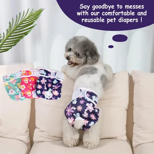 Miniatura 7 de Pet Soft Pañales lavables para hembra (paquete de 3) – Pañales para perras, cómodos pañales reutilizables para perritos en período de calor (Flor, L)