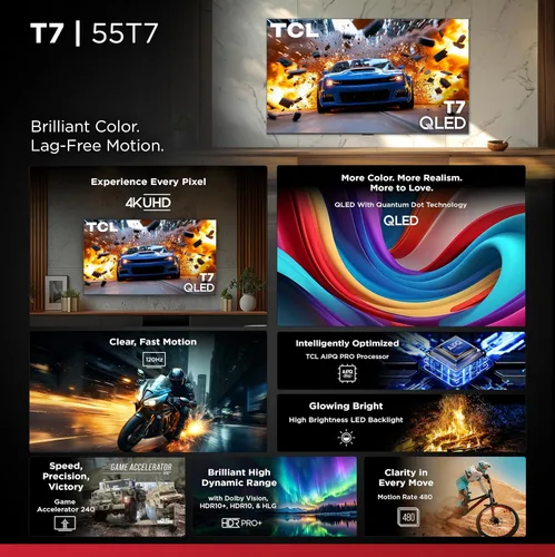 Miniatura 3 de TCL 55 Pulgadas Clase Serie T7 4K QLED HDR 55T7, Modelo 2025 Smart Google TV de 120HZ Frecuencia de Actualización, Alta Brillo, Dolby Atmos