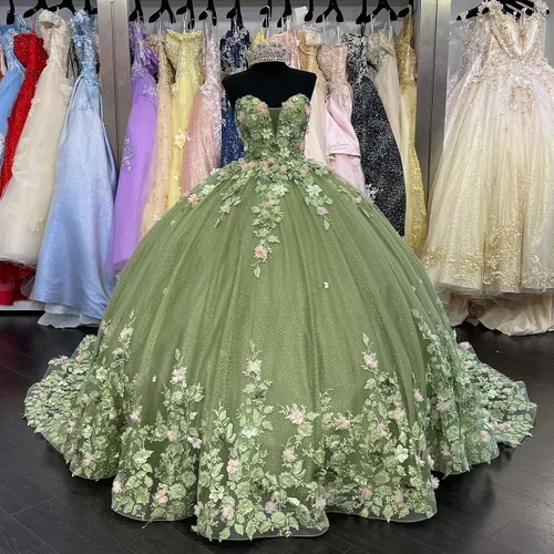 Miniatura 3 de Zhangyo Vestidos de quinceañera de flores 3D sin tirantes con apliques de tren de tul dulce 16 vestidos con cuentas vestido de quinceañera hinchado