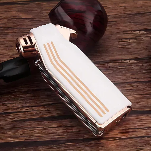 Miniatura 4 de Encendedor multifunción 4 en 1 Encendedores de butano reutilizable en ángulo suave llama encendedor con 3 herramientas de limpieza de tuberías Blanco