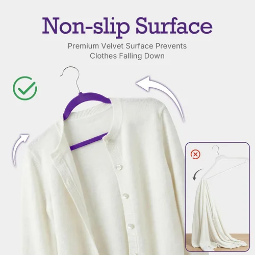 Miniatura 2 de HOUSE DAY Paquete de 60 perchas de terciopelo morado noble, perchas de terciopelo antideslizantes para ropa resistentes para abrigos, perchas Noble