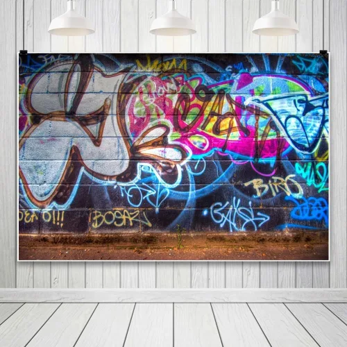 Miniatura 4 de Yeele Fondo de pared de graffiti retro de 5 x 3 pies, pared de ladrillo rústico de los años 80 y 90, dibujo a mano, pintura de graffiti, tema de hip