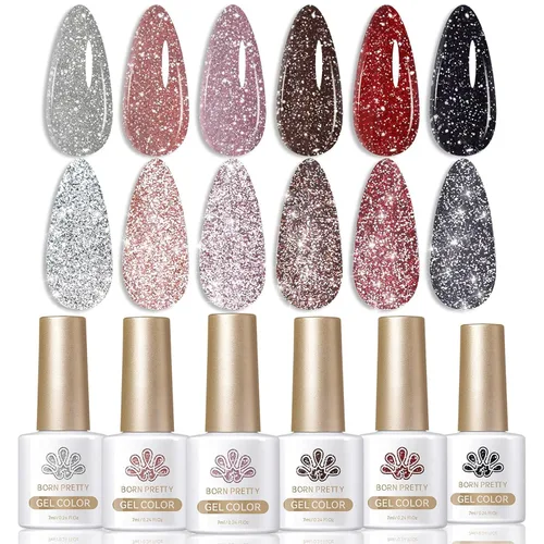 Miniatura 10 de Born Pretty Esmalte de uñas de gel con purpurina reflectante, 6 colores de primavera y verano, esmalte de gel holográfico de larga duración, juego