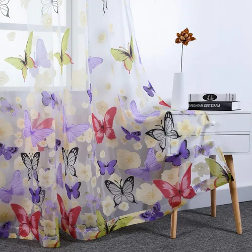HUTO Cortinas traslúcidas con estampado floral de mariposa para dormitorio de niños y niñas, cortinas de gasa con bolsillo para barra, tratamiento