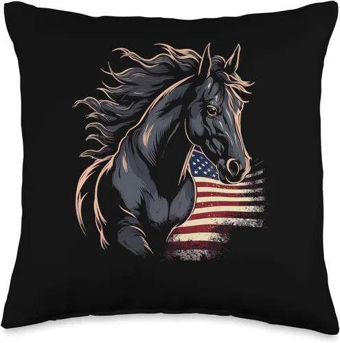 Horse Related Gifts For Girls Western Graphic Cojín de caballo ecuestre con bandera americana, 16 x 16 pulgadas, multicolor