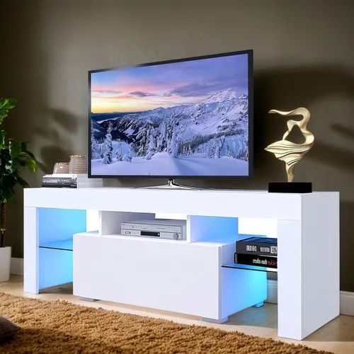 Miniatura 7 de Anwick Soporte de TV LED con gran almacenamiento para televisores de hasta 55 pulgadas, moderno centro de entretenimiento con estante de cristal