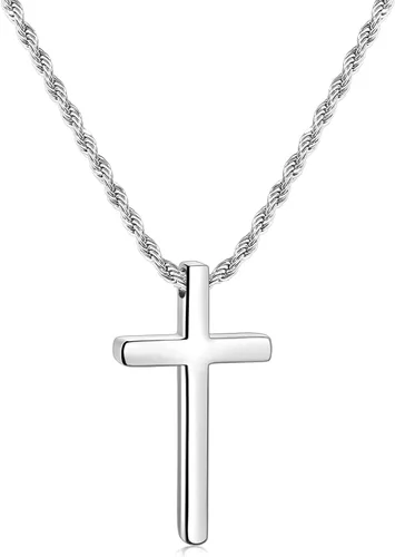 Fiusem Collar de cruz para hombre, collar con dije de cruz en tono plateado y cadena de cruz para hombres y niños, collar de cruz de acero