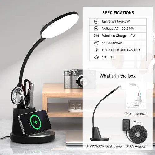 Miniatura 8 de Lámpara de escritorio Vicsoon con cargador inalámbrico, lámpara de escritorio LED para oficina en casa con soporte para bolígrafo, luz de escritorio