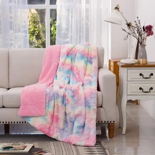 COCOPLAY W Manta afelpada de pieles sintéticas, supersuave, ligera, suntuosa, acogedora, cálida, de microfibra, en colores del arcoíris, para cama,