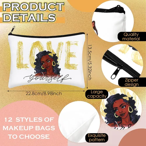 Miniatura 4 de Umigy 12 bolsas de maquillaje para niñas africanas, regalos para niñas negras, arte de melanina afro, bolsas de lona para cosméticos, divertidas
