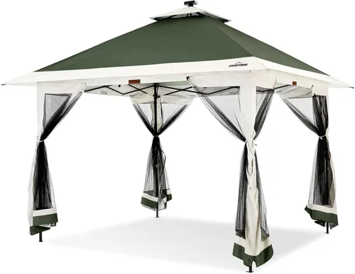 Suntime - Carpa desplegable instantánea de poliéster de 12 x 12 pulgadas con luces LED solares, 4 pantallas con cremallera y marco de acero con Verde