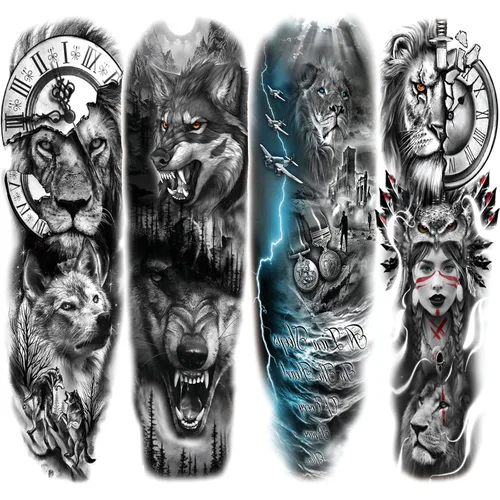 Manga de tatuaje temporal de león y lobo, manga completa de tatuajes tribales falsos de animales para hombres, mujeres y adultos, pegatinas