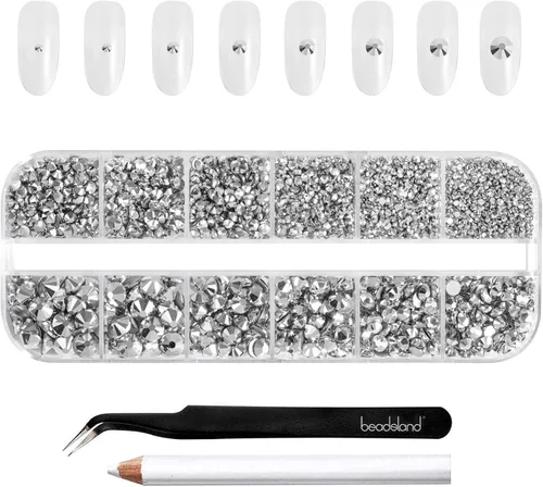 Miniatura 33 de Beadsland Diamantes de imitación para maquillaje, 8 tamaños, 2500 unidades de diamantes de imitación de cristal con parte trasera plana, gemas