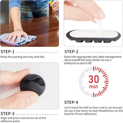 Miniatura 3 de Organizador de clips adhesivos para cables, paquete de 16 soportes negros para escritorio debajo de la computadora, clips de gestión de cables