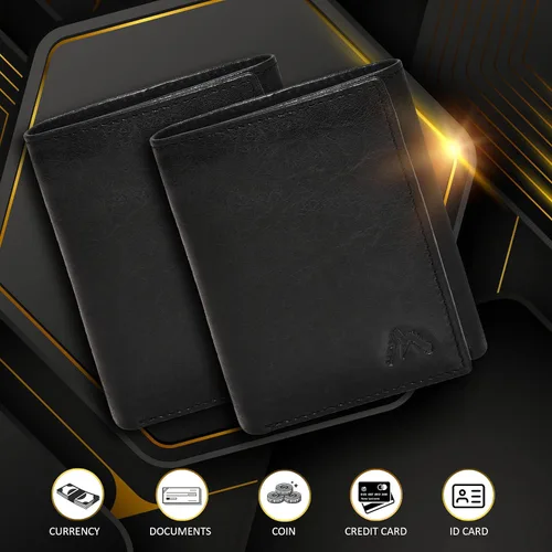 Miniatura 61 de Cartera de cuero RFID hecha a mano para hombres, elegante cartera de bolsillo frontal triple con 2 ranuras para identificación y 9 tarjetas, Negro