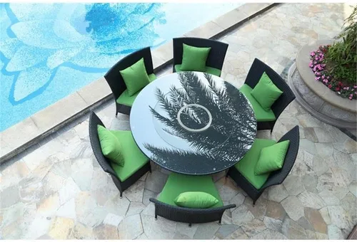 Miniatura 2 de Manhattan Comfort Nightingdale - Juego de comedor para exteriores de 7 piezas con cristal redondo Lazy Susan, incluye 6 sillas de ratán, cojines
