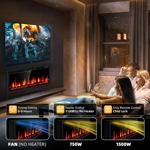 Miniatura 5 de Insertos de chimenea eléctrica de 42 pulgadas y montaje en pared con control remoto y pantalla táctil Calentador de chimenea de 1500 W