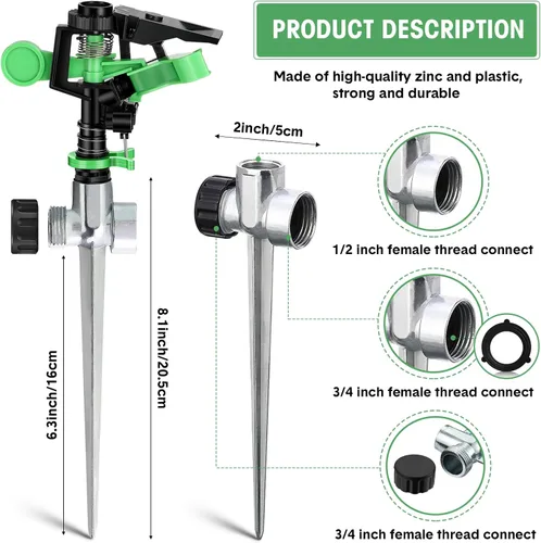 Miniatura 2 de Chengu Aspersor de césped de impacto de 4 piezas para patio, cabezal de aspersor de plástico resistente con base de punta de aleación de zinc