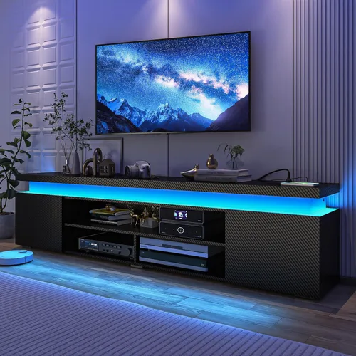 Miniatura 11 de Hlivelood Soporte de TV LED para TV de 75 pulgadas, moderno soporte de TV con toma de corriente, consola de TV de alto brillo con almacenamiento