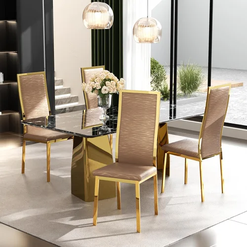 Miniatura 20 de Juego de 4 sillas de comedor modernas, de piel sintética blanca con patas de metal cromado dorado, diseño de respaldo alto curvo y acolchado