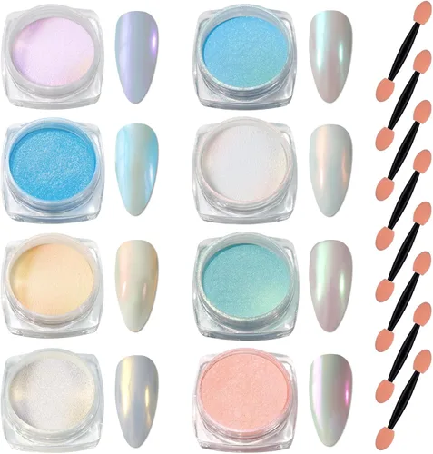 Miniatura 8 de Laza Polvo de Uñas Cromado Camaleón, 8 Colores Uñas Glaseadas Donut Pigmento Metálico con Efecto Espejo, Purpurina para Uñas Aurora Iridiscente Kit