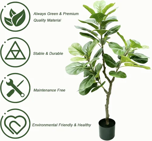Miniatura 3 de Árbol de higuera artificial de hoja de violín de 46 pulgadas de alto, planta de ficus lyrata sintética con maceta, árbol falso realista