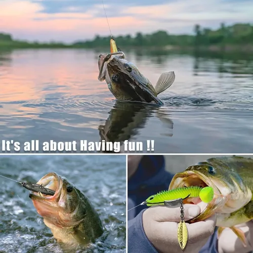 Miniatura 5 de Ganchos de natación con peso, 6 anzuelos Underspin Swimbait con Twistlock, ganchos de manivela con peso con cuchillas giratorias doradas/plateadas