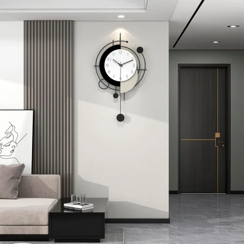 Miniatura 2 de Reloj de pared grande para decoración de sala de estar, reloj de pared decorativo moderno en negro con péndulo, de madera, funciona con pilas, sin