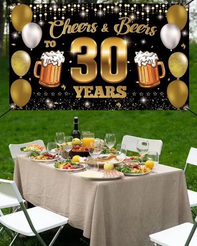 Miniatura 4 de Cartel de fondo de "Cheers & Beers to 30 Years", decoraciones de feliz cumpleaños 30 para hombres y mujeres, decoración de 30 aniversario