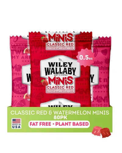Miniatura 8 de Bolas de regaliz clásico Wiley Wallaby Mini, 0.5 onzas, regaliz suave y masticable gourmet estilo australiano clásico rojo, paquete de 40 bolsas