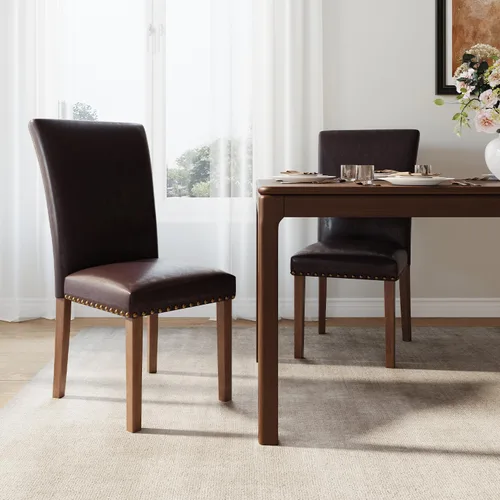 Miniatura 19 de Juego de 2 sillas de comedor de granja, respaldo alto con patas de madera y ribete de cabeza de clavo, silla de comedor de tela moderna